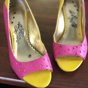 Naughty monkey vibrant yellow & pink heels.